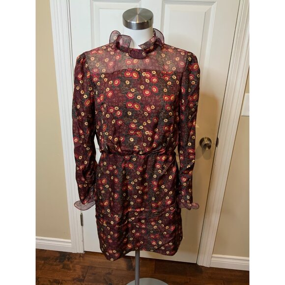 Saloni Dotty Ruffled Printed Silk Burgundy Mini Dress $650 Size 8 - Picture 2 of 7